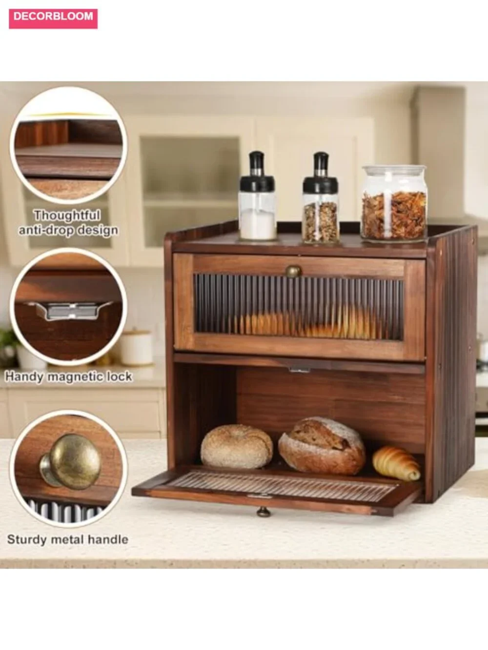 Large Wooden Bread Box for Kitchen Countertop Storage with Acrylic Window